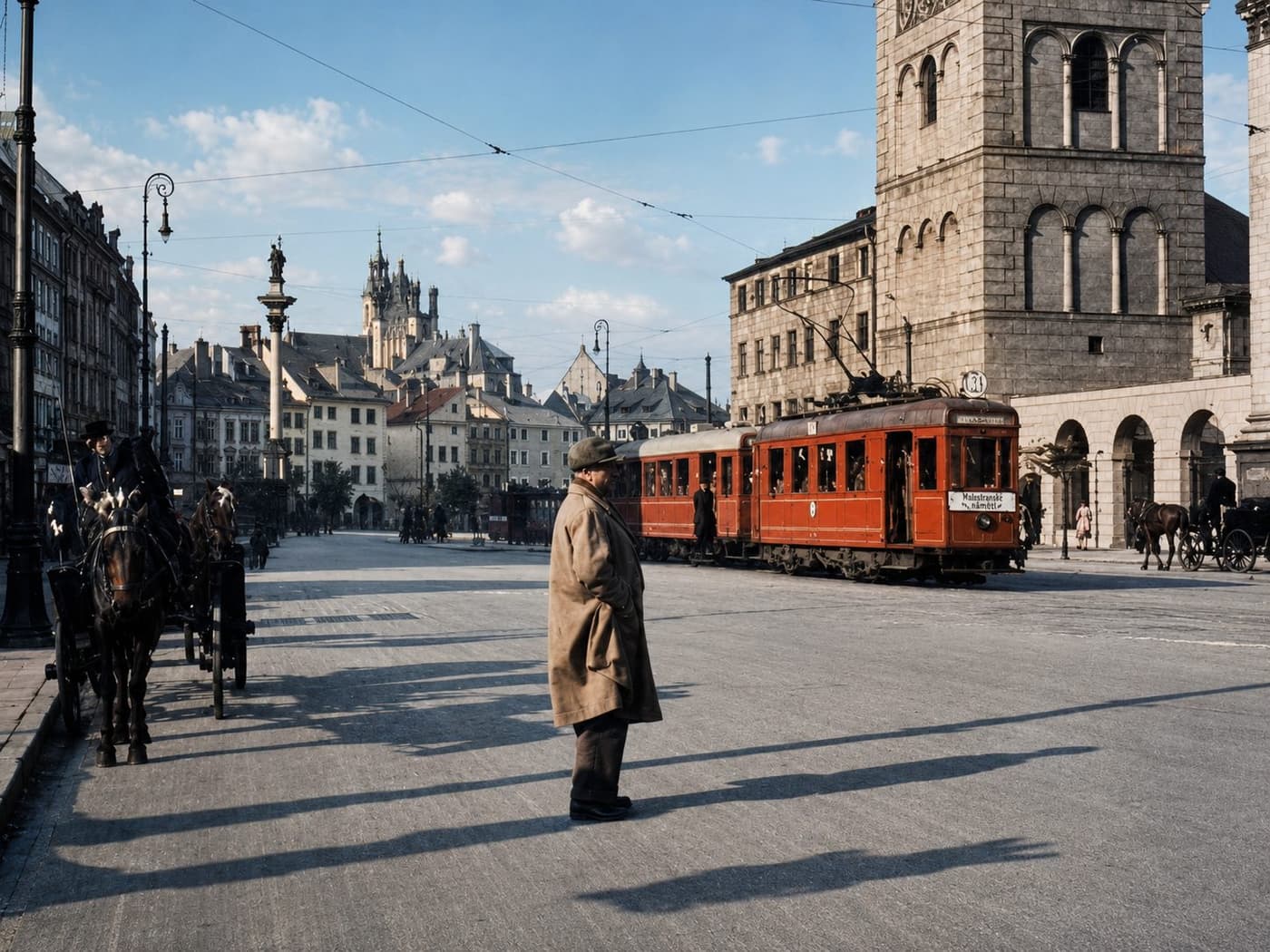A quiet Warsaw street scene with a man in a long coat crossing in front of a red tram, horse-drawn carriage nearby, church spires visible in the background. Colourised period photograph.