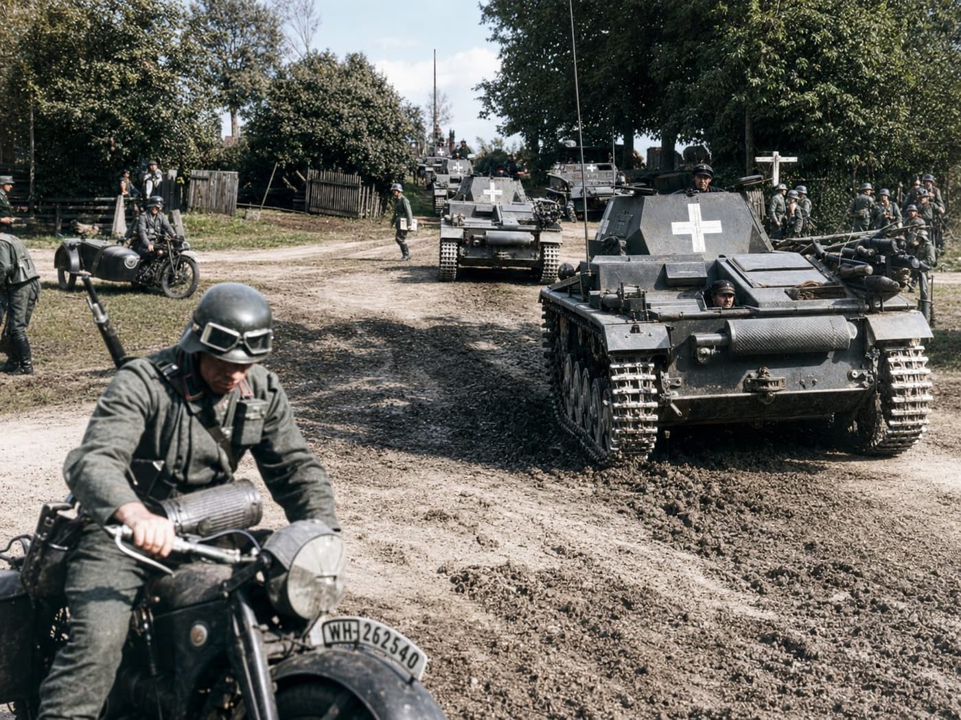 German armoured vehicles and motorcycle dispatch riders advancing along a dirt road into Poland on the first day of the invasion, 1 September 1939. Colourised period photograph.