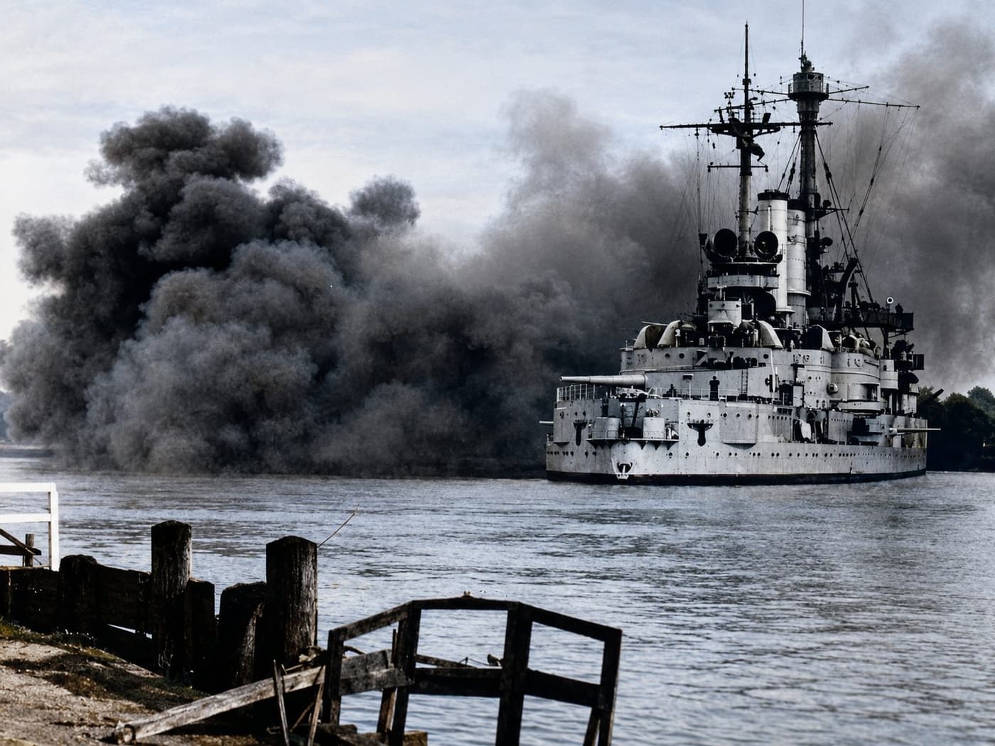 The German battleship Schleswig-Holstein firing on the Westerplatte peninsula in Danzig harbour, thick black smoke rising behind the vessel, 1 September 1939. Colourised period photograph.