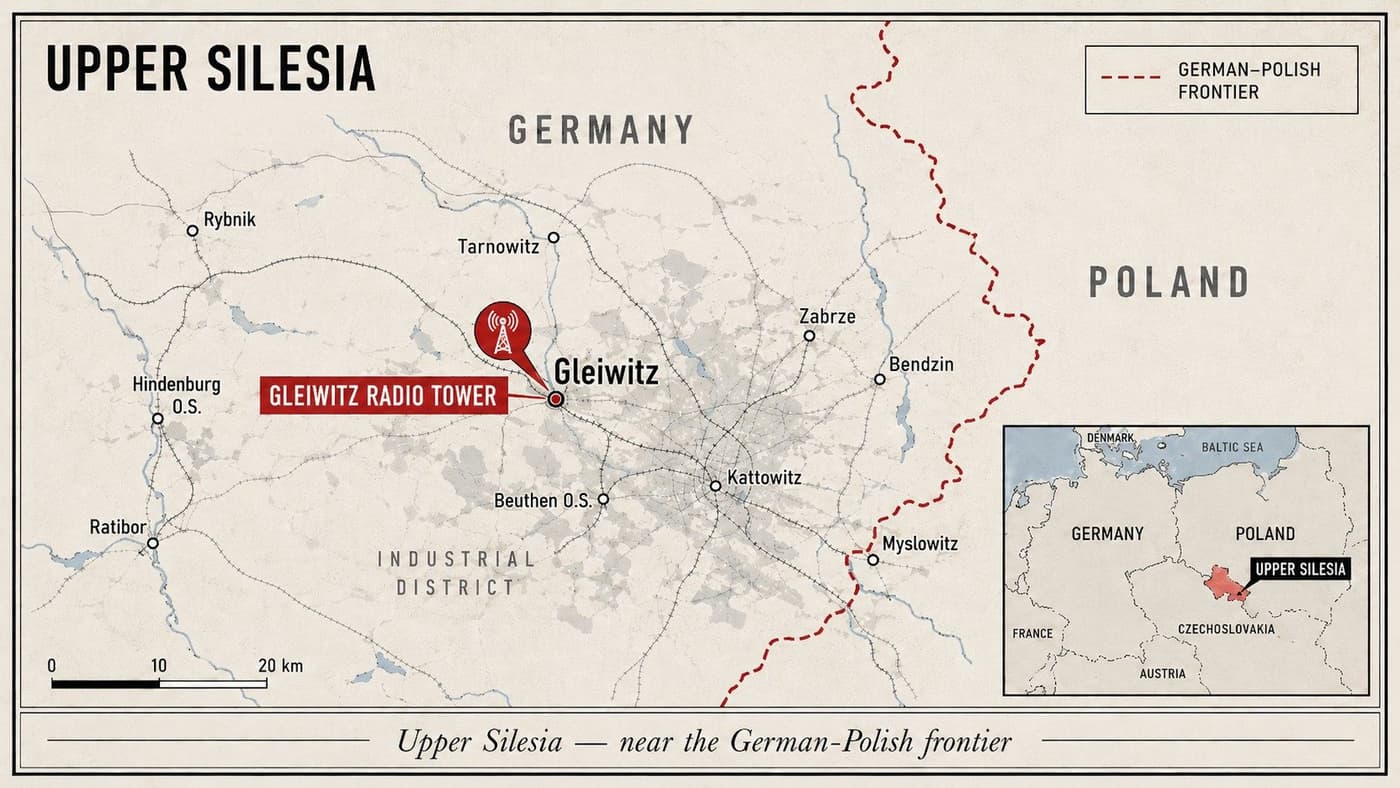 Map of Upper Silesia near the German–Polish frontier, marking the Gleiwitz radio tower just west of Gleiwitz, with surrounding towns including Kattowitz, Beuthen, Zabrze, Ratibor and Tarnowitz, and the German–Polish border to the east. A locator inset shows Upper Silesia within central Europe.