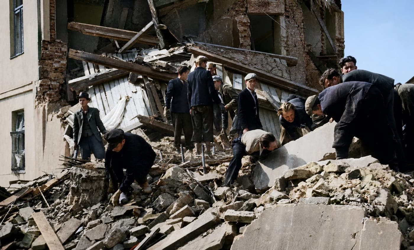 Polish civilians and rescue workers clear rubble from a bombed building in Warsaw following overnight German air raids, September 1939. Colourised period photograph.