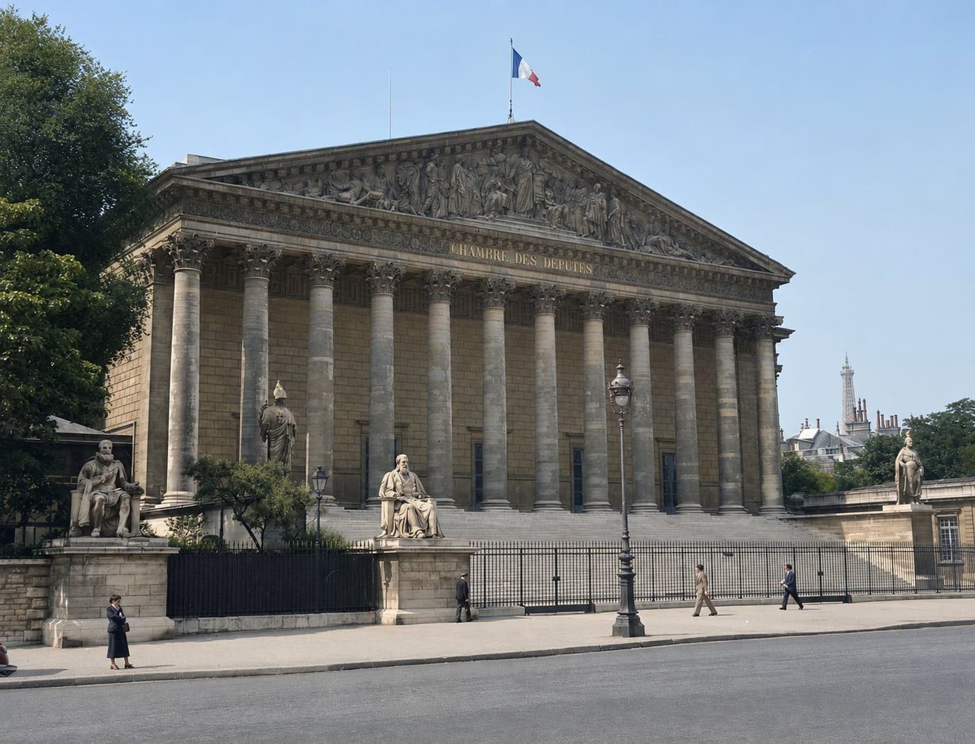 The colonnaded façade of the Palais Bourbon, seat of the French Chamber of Deputies, in central Paris. Colourised period photograph.