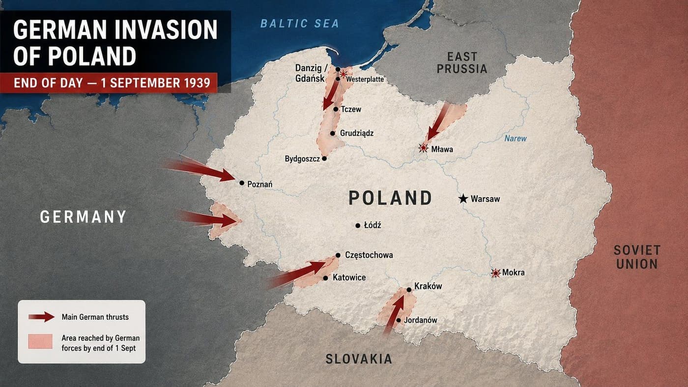 Map showing the German invasion of Poland at the end of 1 September 1939, with arrows indicating main German thrusts from East Prussia, Pomerania, Silesia, and Slovakia, and shaded areas marking ground reached.