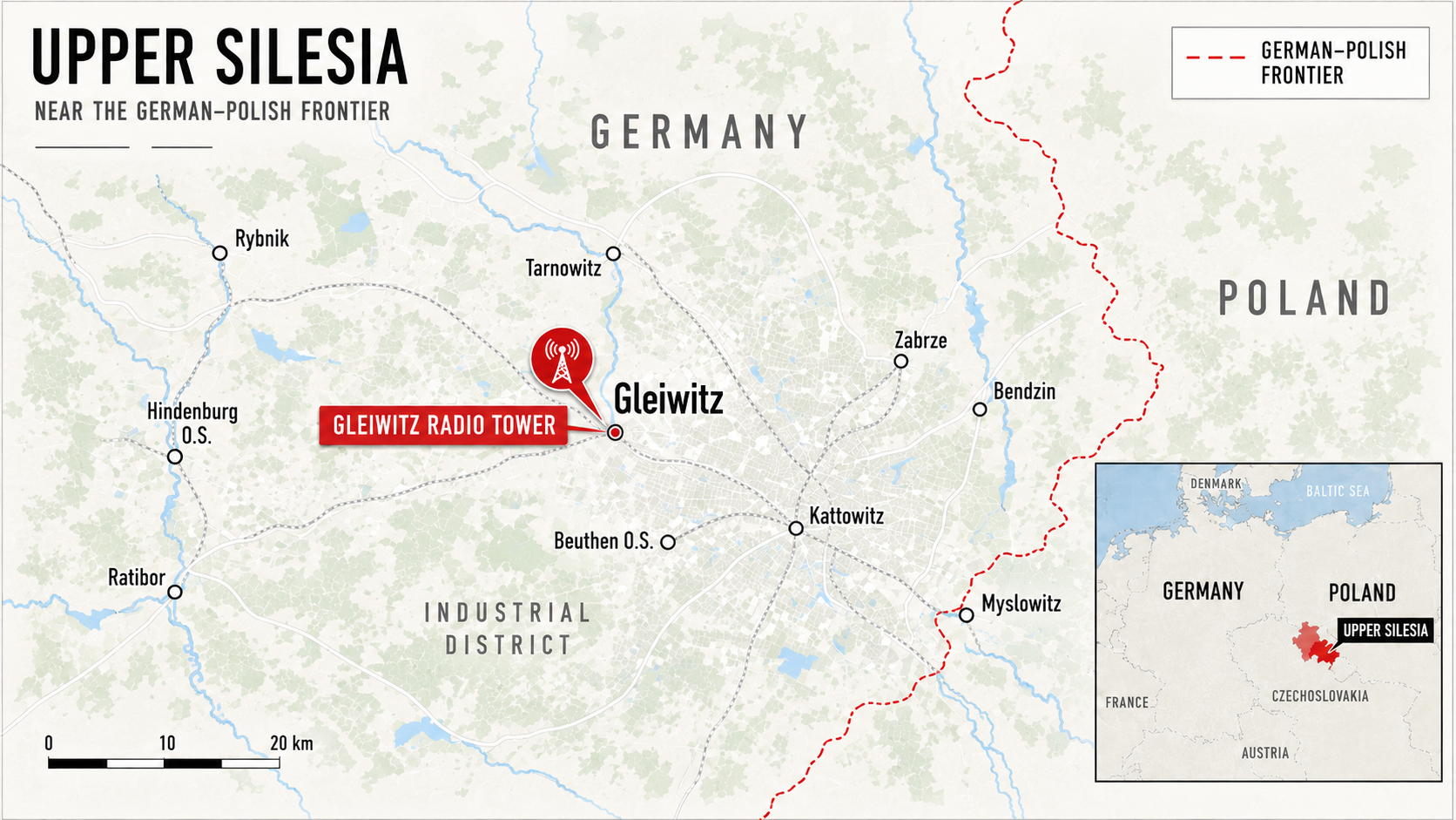 Locator map of Upper Silesia showing the Gleiwitz radio transmitter near the German–Polish frontier